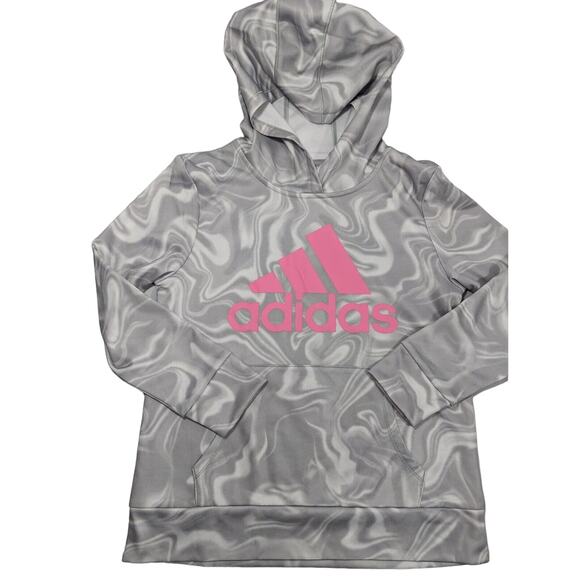 Adidas Girls Fleeced Hoodie Kids Big Logo Sweatshirt Gray Casual Pullover Size L - Picture 1 of 9